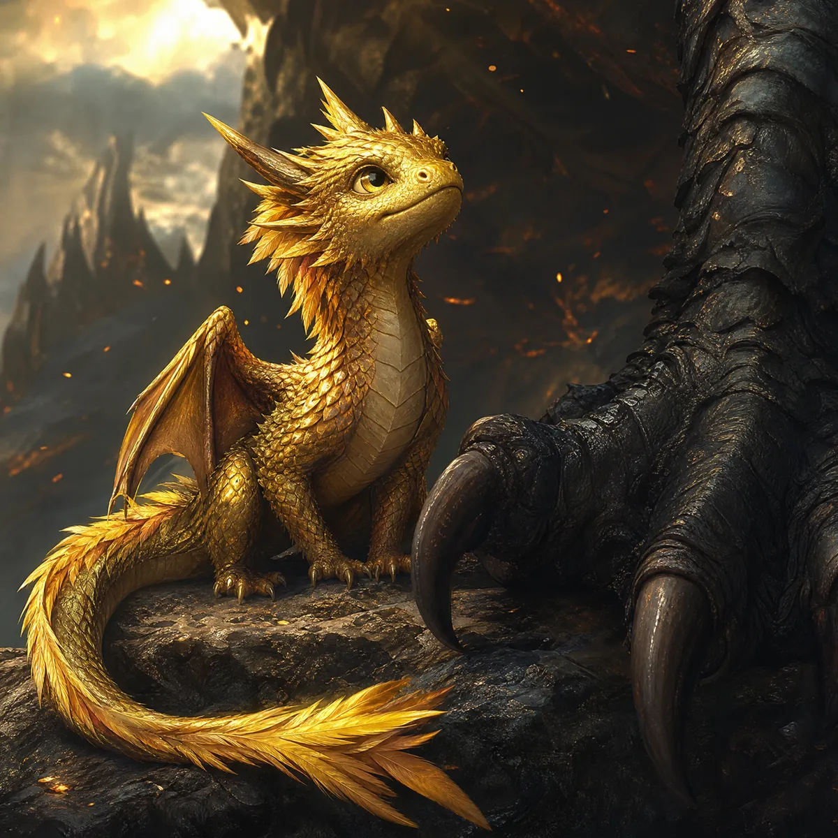 Fan-art portrait of Andarna, a gold feathertail dragon