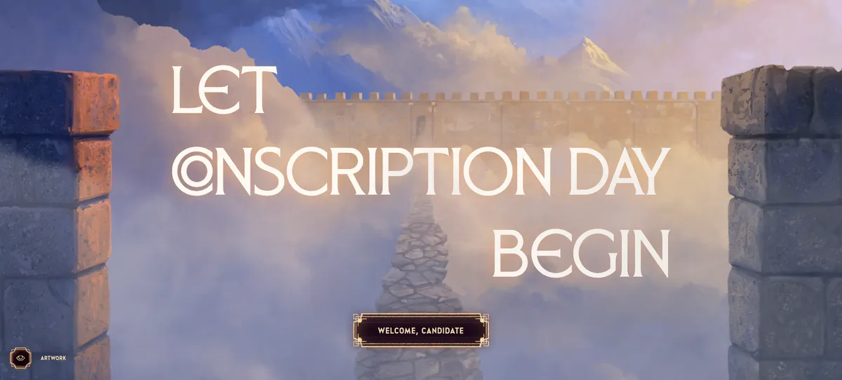 Screenshot of the Dragonkind landing page showing the headline Let Conscription Day Begin over a dark mountain and dragon scene