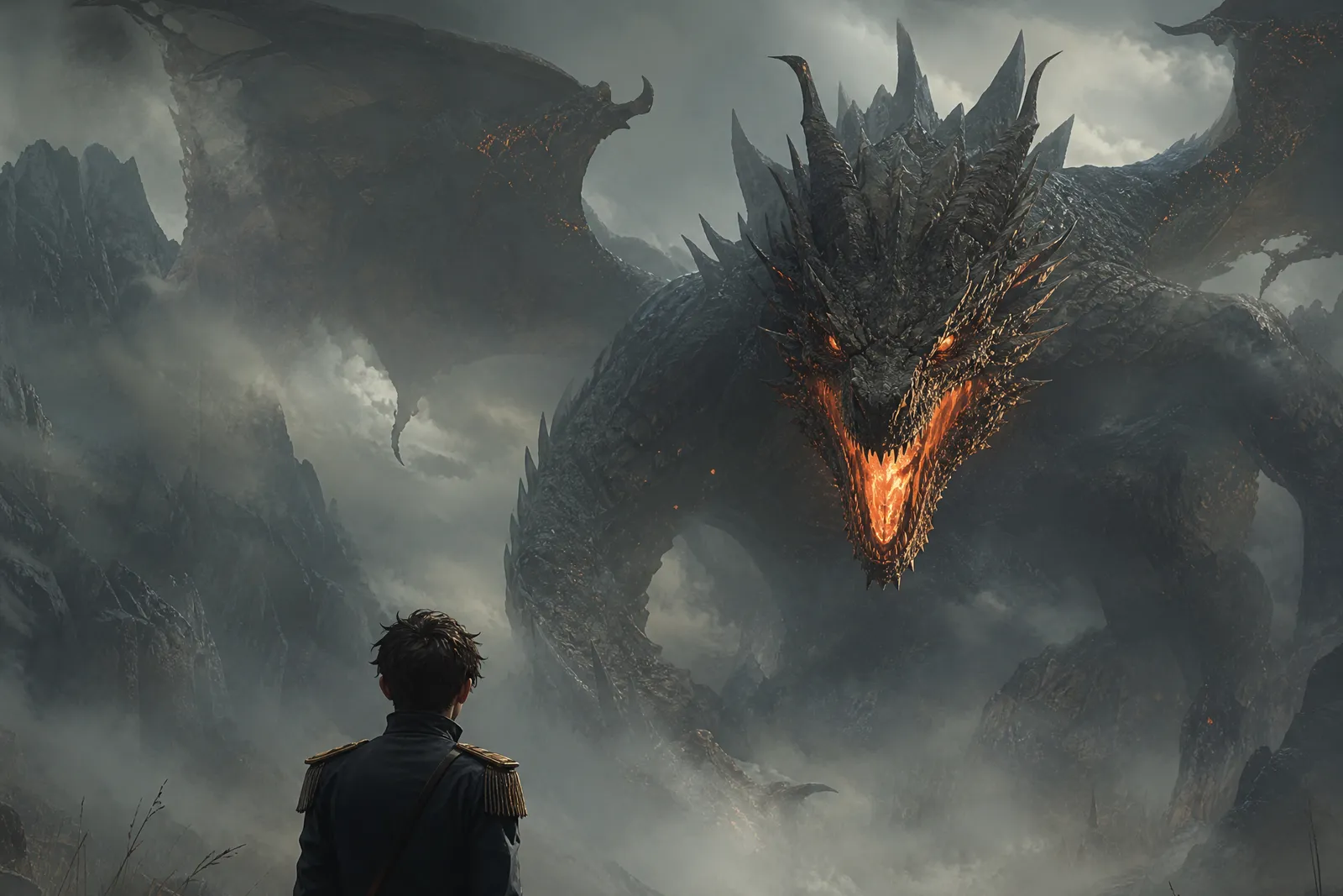 A cadet stands facing a towering dragon in a misty vale